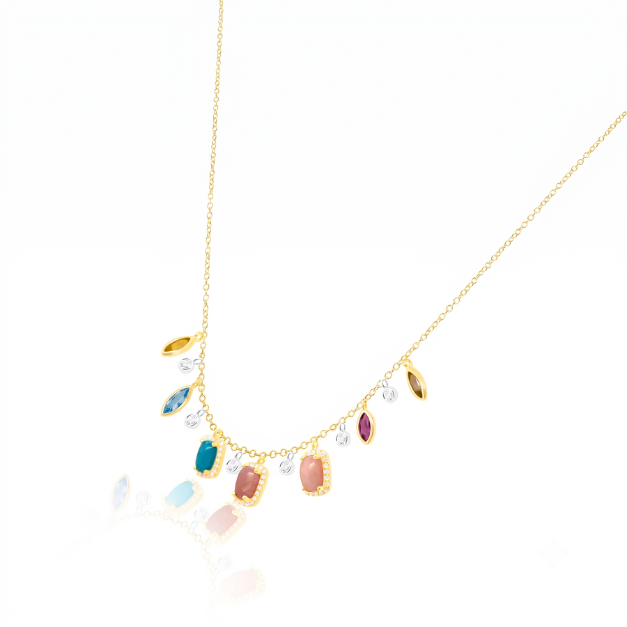 Yellow Gold Diamond and Multicolor Gemstone Fringe Necklace