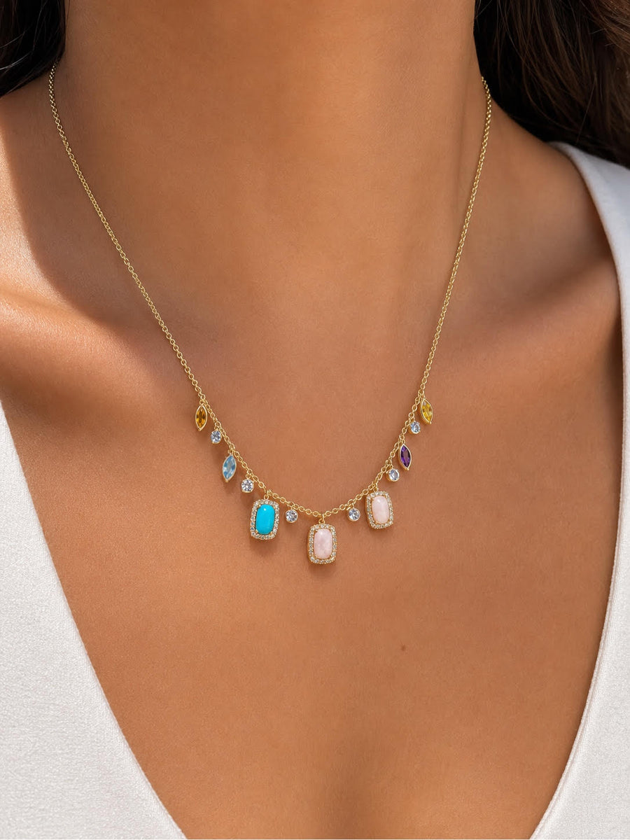 Yellow Gold Diamond and Multicolor Gemstone Fringe Necklace