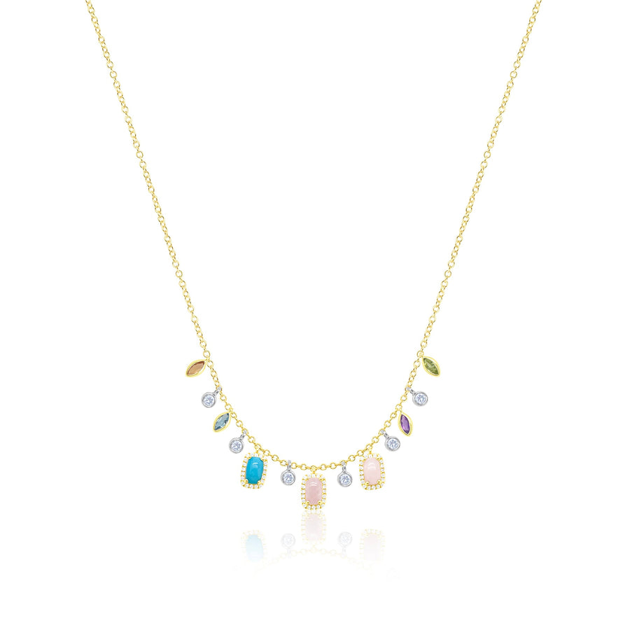 Yellow Gold Diamond and Multicolor Gemstone Fringe Necklace