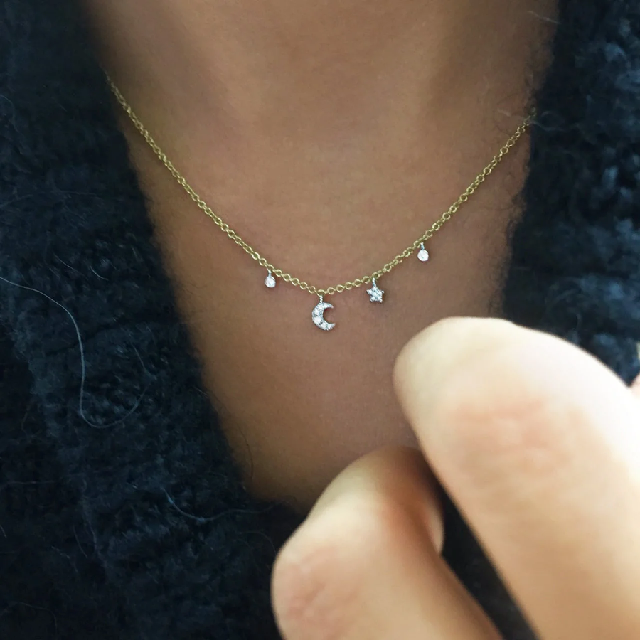 Two Tone Mini Moon and Star Bezel Necklace on model