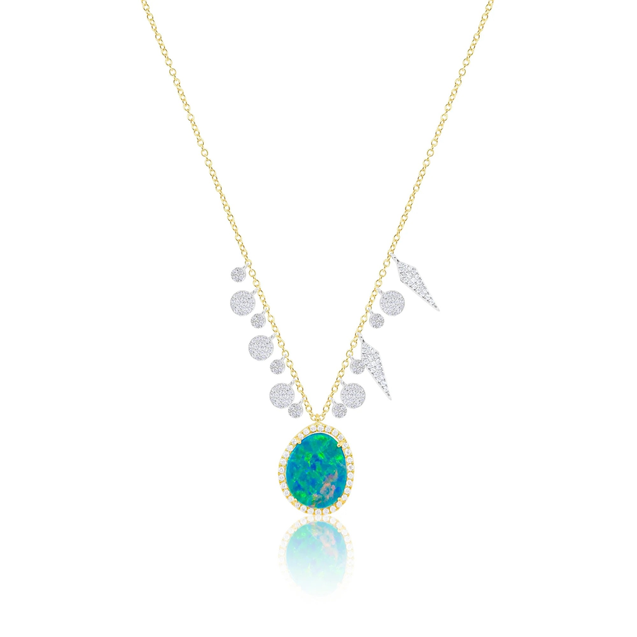 14k Yellow Gold Opal Diamond Dagger and Disc Charm Necklace