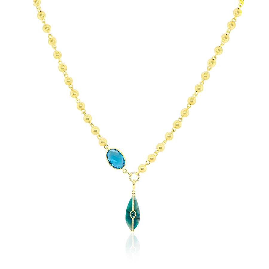 14kt Yellow Gold Beaded Chain Blue Topaz and Opalized Wood Charm with Diamond Enhancer