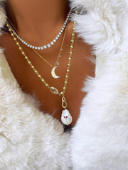 14kt Yellow Gold White Topaz and Ball Chain Link Necklace worn