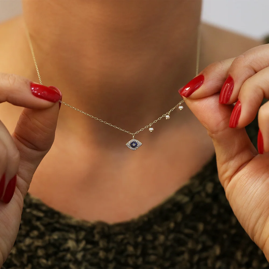 Yellow Gold Evil Eye Necklace on model