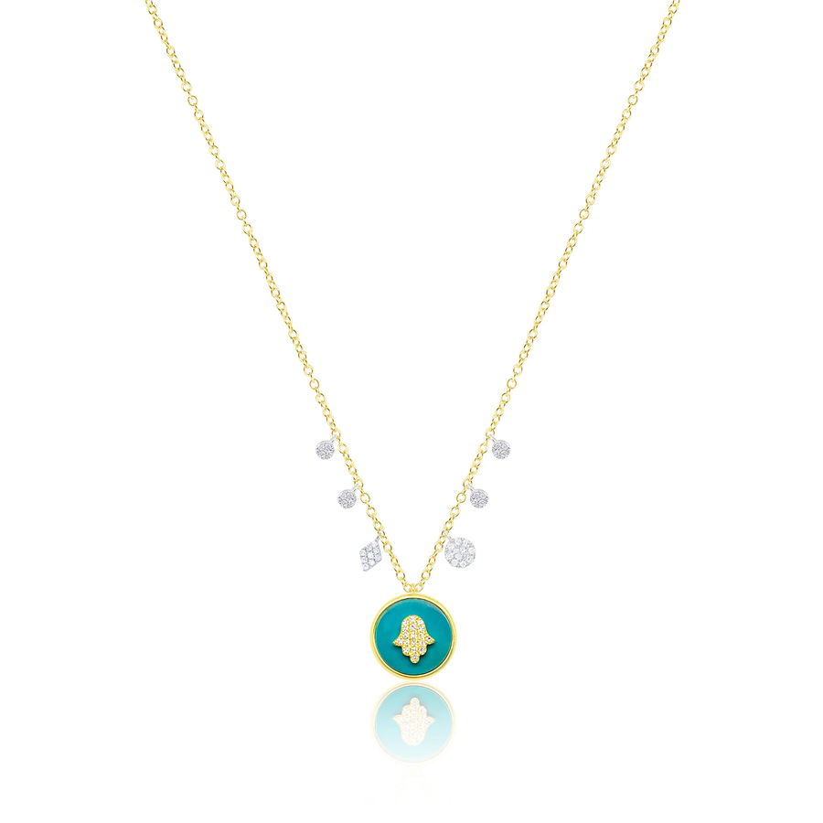 14kt Yellow Gold and Silver Hamsa Floating Diamond Turquoise Necklace