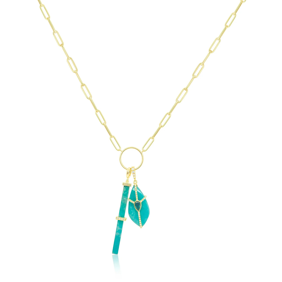 14kt Yellow Gold Amazonite with Emerald and Diamond Charm Necklace