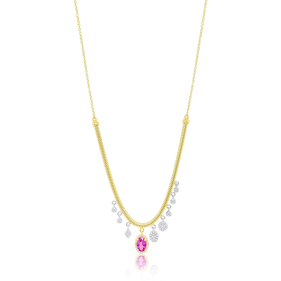 14k Yellow Gold Pink Sapphire Diamond Charm Snake Necklace