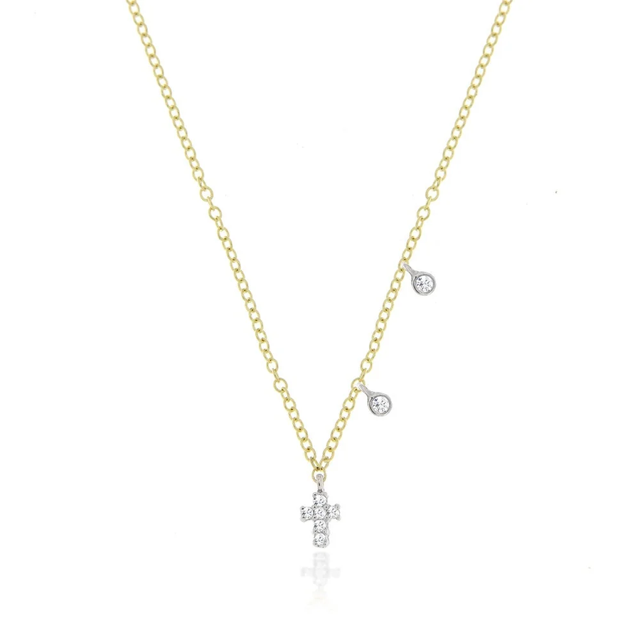 Dainty Cross and Bezel Diamond Necklace in yellow gold