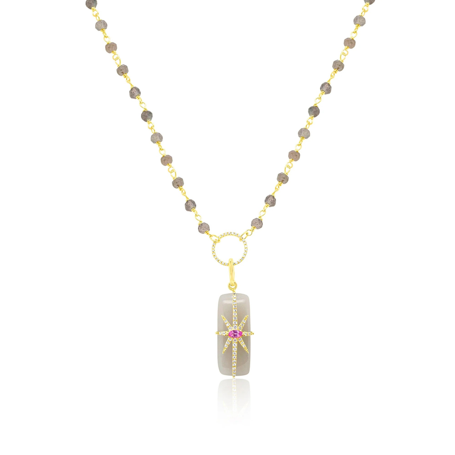 14kt Yellow Gold and Silver Moonstone Pink Sapphire Pendant Necklace