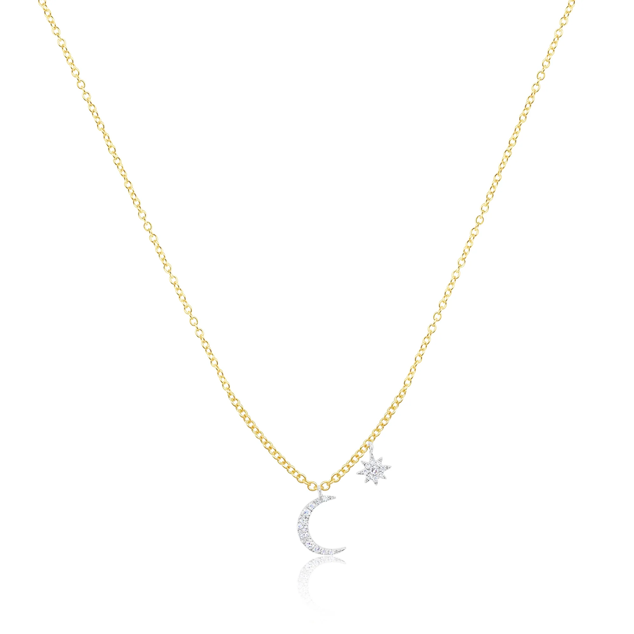 14kt Yellow Gold Moon and Star Diamond Necklace