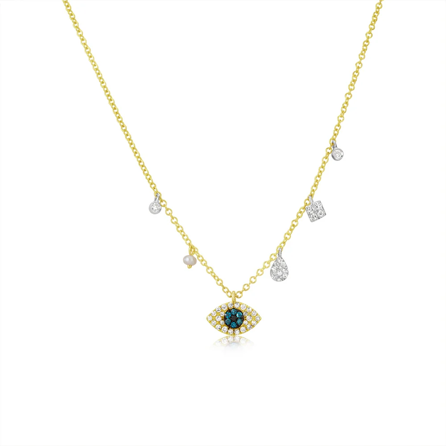Yellow Gold Diamond Blue and Black Diamond Evil Eye Necklace