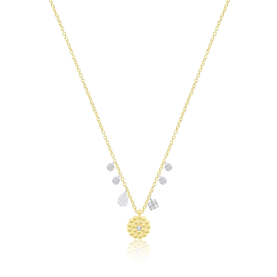 Meira T Beaded Flower Necklace Textured Gold with Diamond Accents