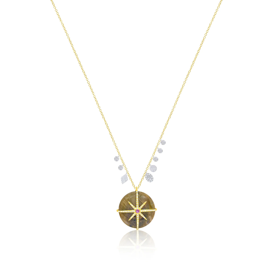14kt Yellow Gold Labradorite Pink Sapphire and Diamond Compass Necklace