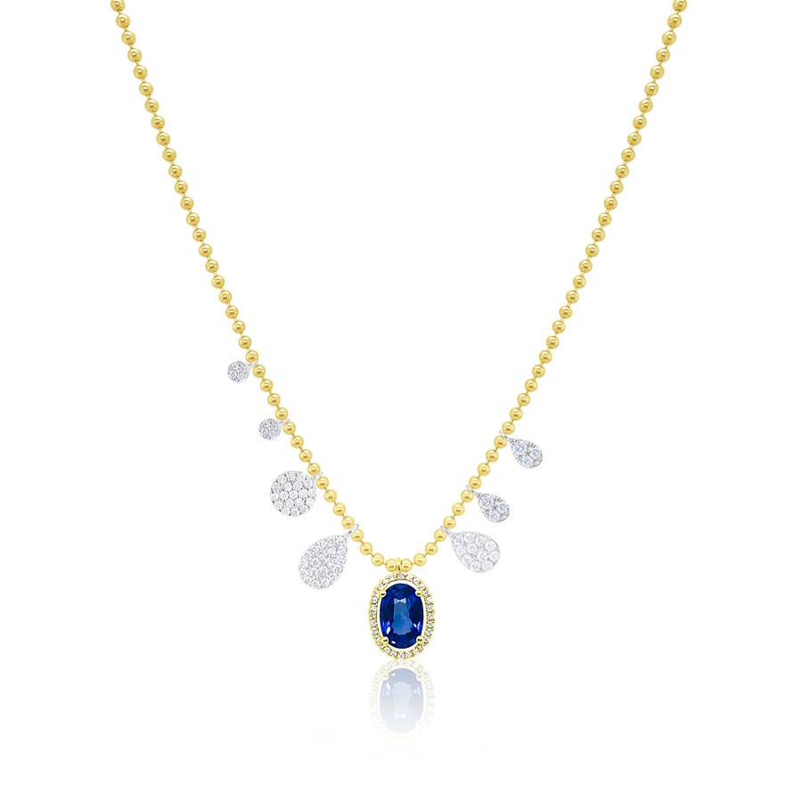14kt Yellow Gold Diamond Blue Sapphire Ball Chain Necklace
