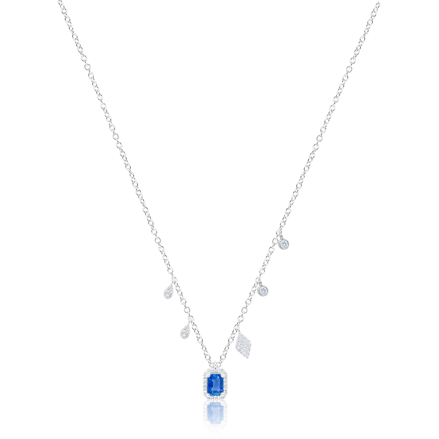 14k White Gold Blue Sapphire Diamond Charm Necklace