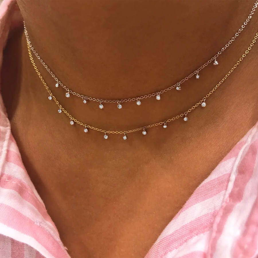 Meira T 14k Rose Gold Necklace with 10 Diamond Bezels layered on model