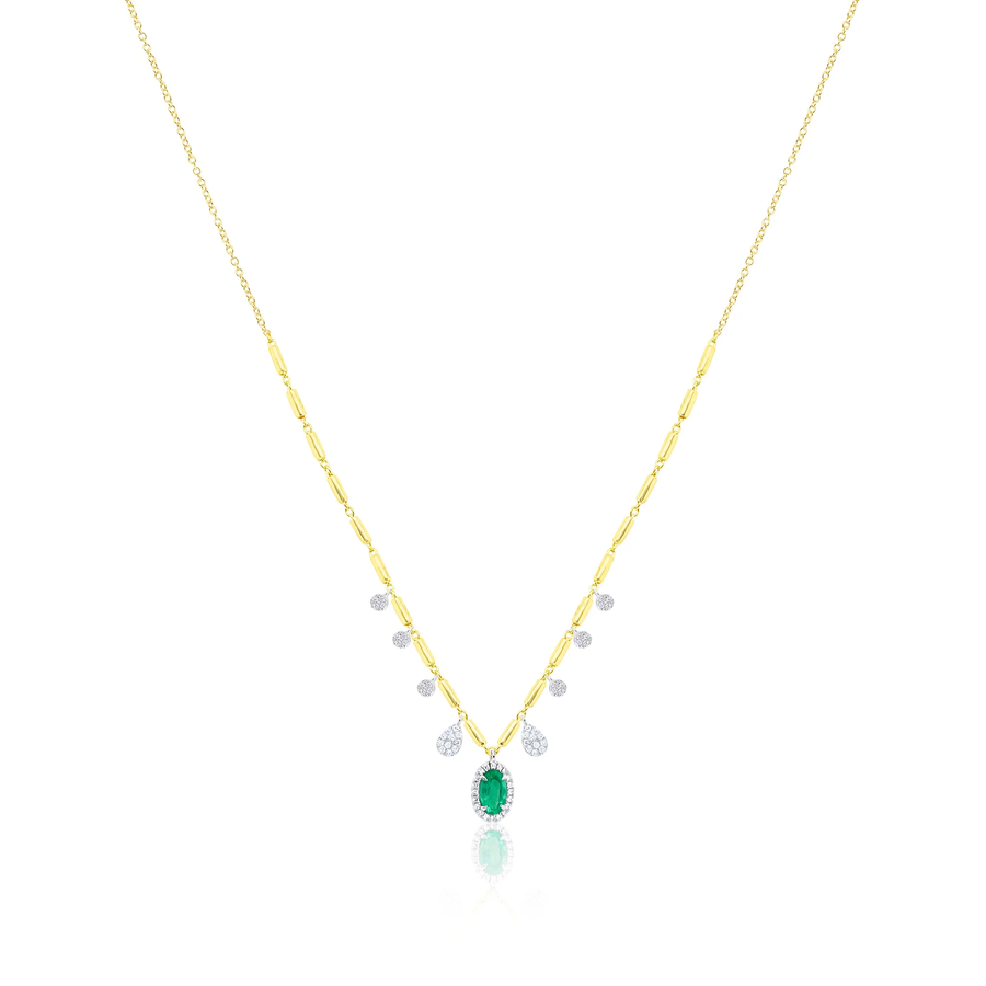 Model wearing the 14kt Yellow Gold Diamond and Emerald Charm Necklace