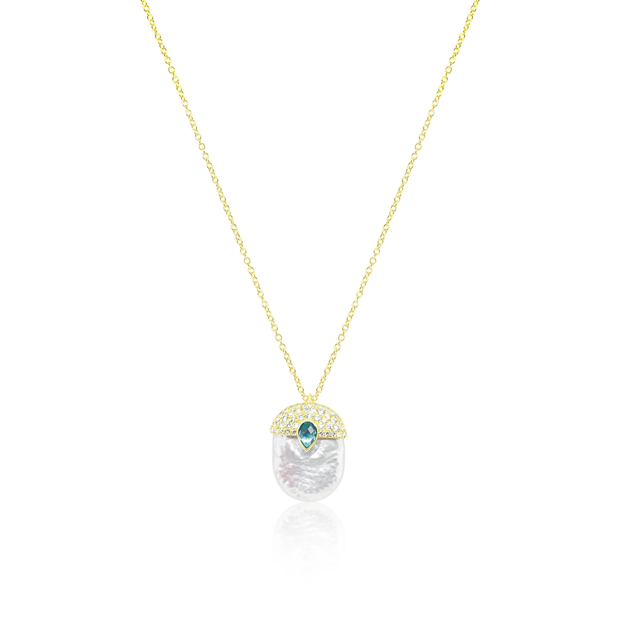 14kt Yellow Gold Pearl Diamond and Blue Topaz Pendant Necklace