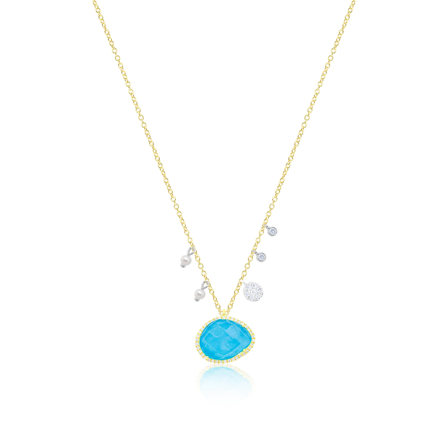14kt Yellow Gold Diamond Pearl and Turquoise Necklace