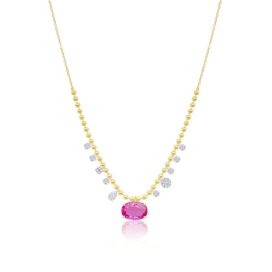 Yellow Gold Half Ball Chain Pink Sapphire Diamond Charm Necklace