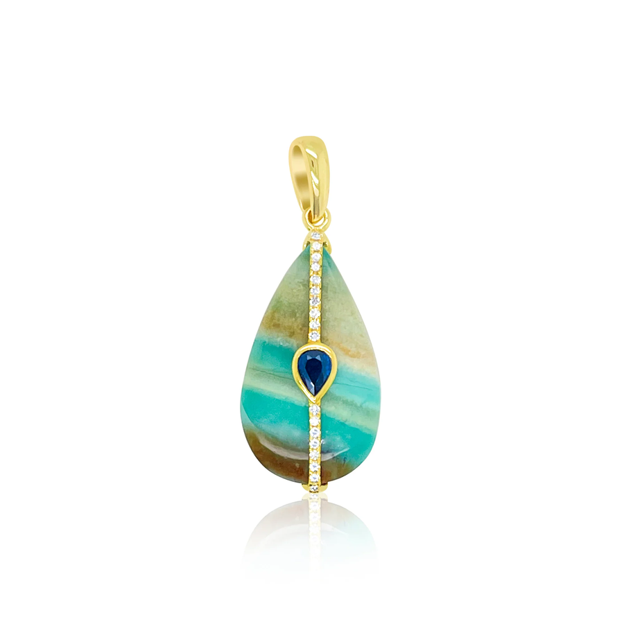 14K Opalized Wood Diamond and Blue Sapphire Pendant