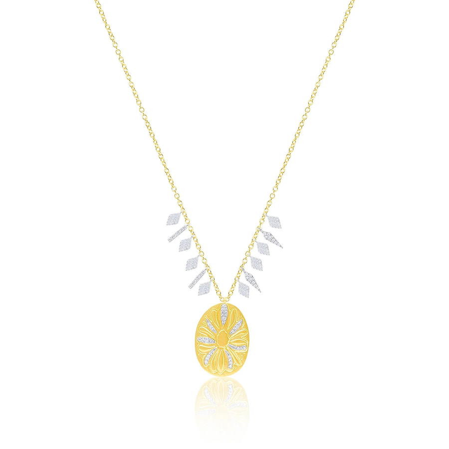 14 Kt Yellow Gold Brushed Flower Diamond Necklace