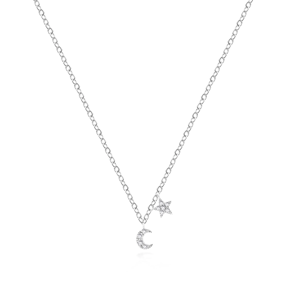 White Gold Mini Moon and Star Necklace