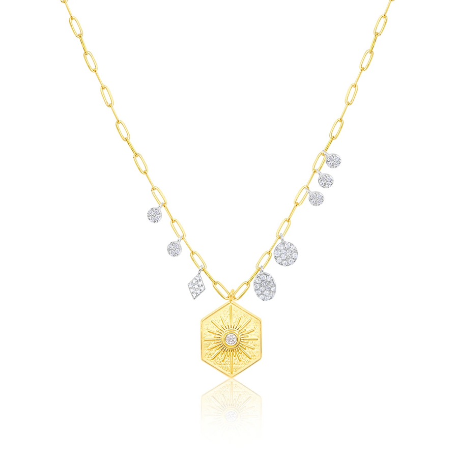 Yellow Gold Paperclip Chain Diamond Sun Hexagon Pendant Necklace