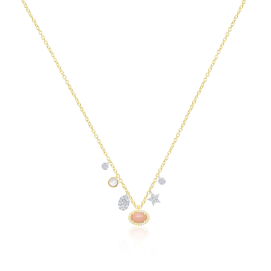 14kt Yellow Gold Pink Opal Diamond Charms Necklace
