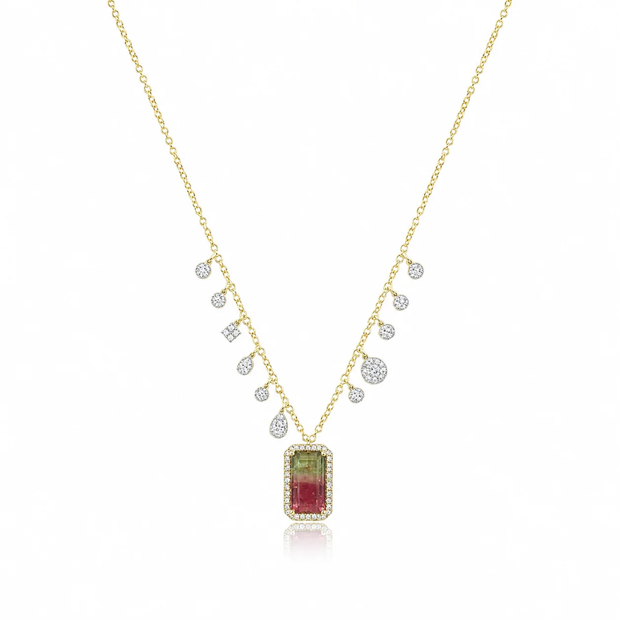 14kt Yellow Gold Watermelon Tourmaline Diamond Charms Necklace