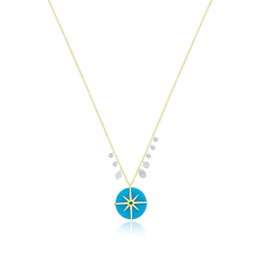 14kt Yellow Gold Turquoise and Emerald Compass Necklace