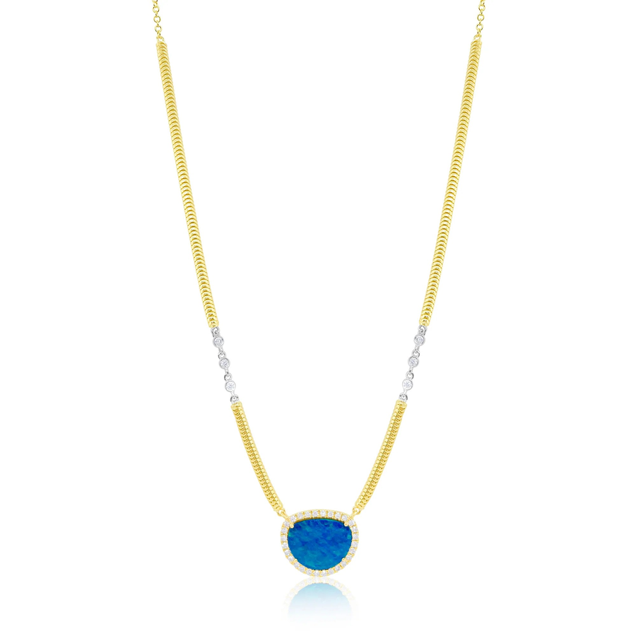 14k Yellow Gold Diamond and Opal Necklace Snake Chain 18 inches Adjustable