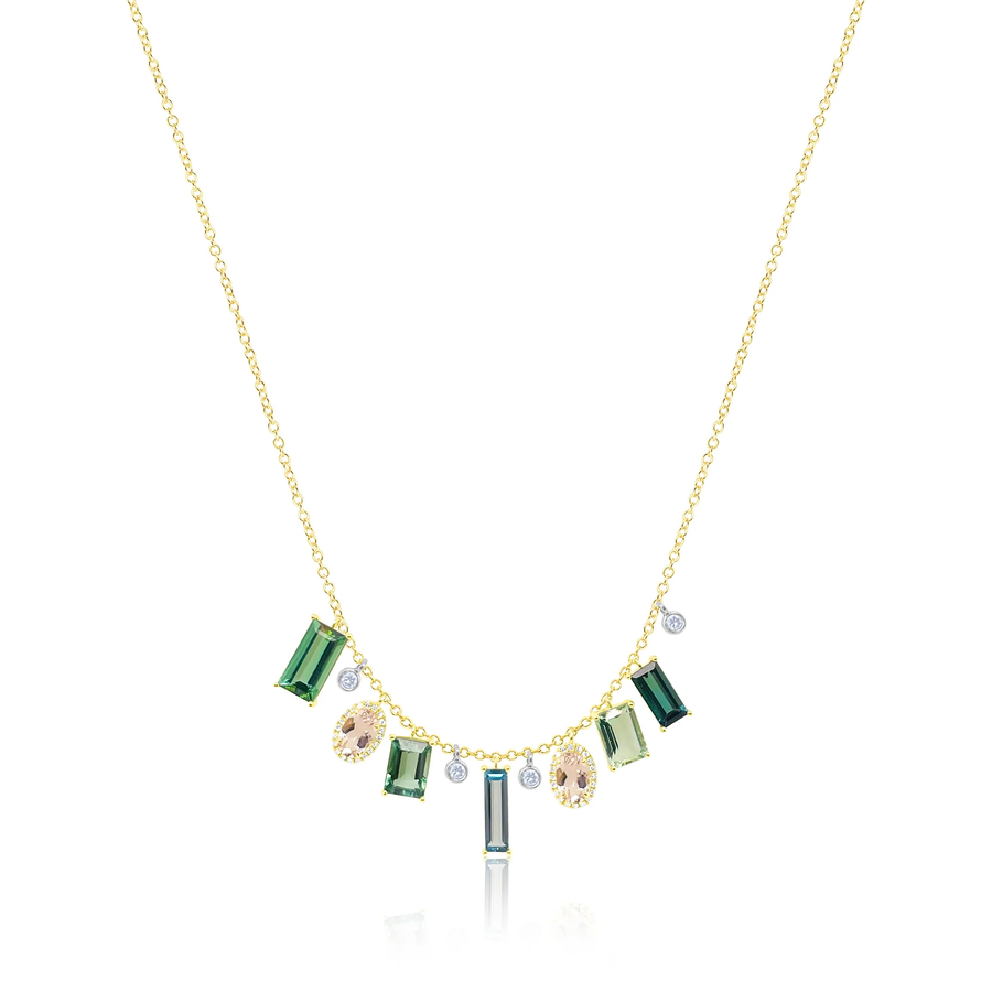 14kt Yellow Gold Tourmaline and Morganite Diamond Fringe Necklace