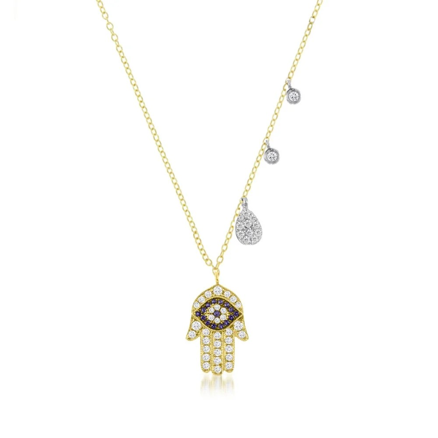 Hamsa and Evil Gold Necklace With Diamond Accent Charms