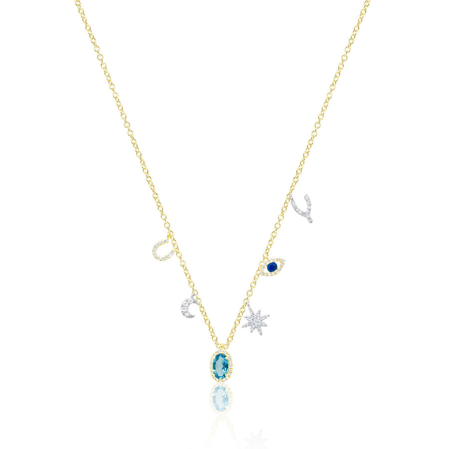 Two Tone Gold Blue Topaz Charm Necklace