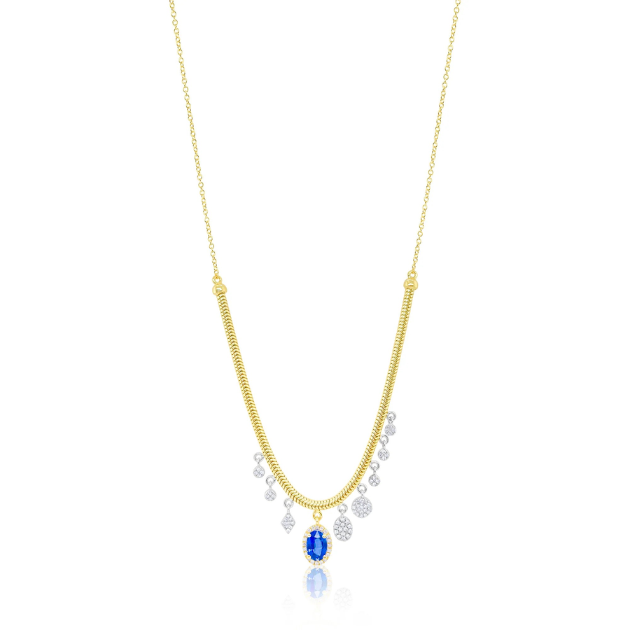 14k Yellow Gold Blue Sapphire Diamond Snake Chain Charm Necklace