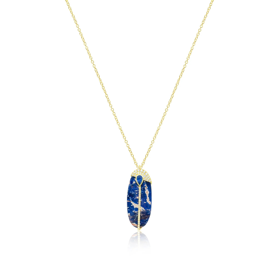 14kt Yellow Gold Sodalite with Diamond and Sapphire Pendant Necklace
