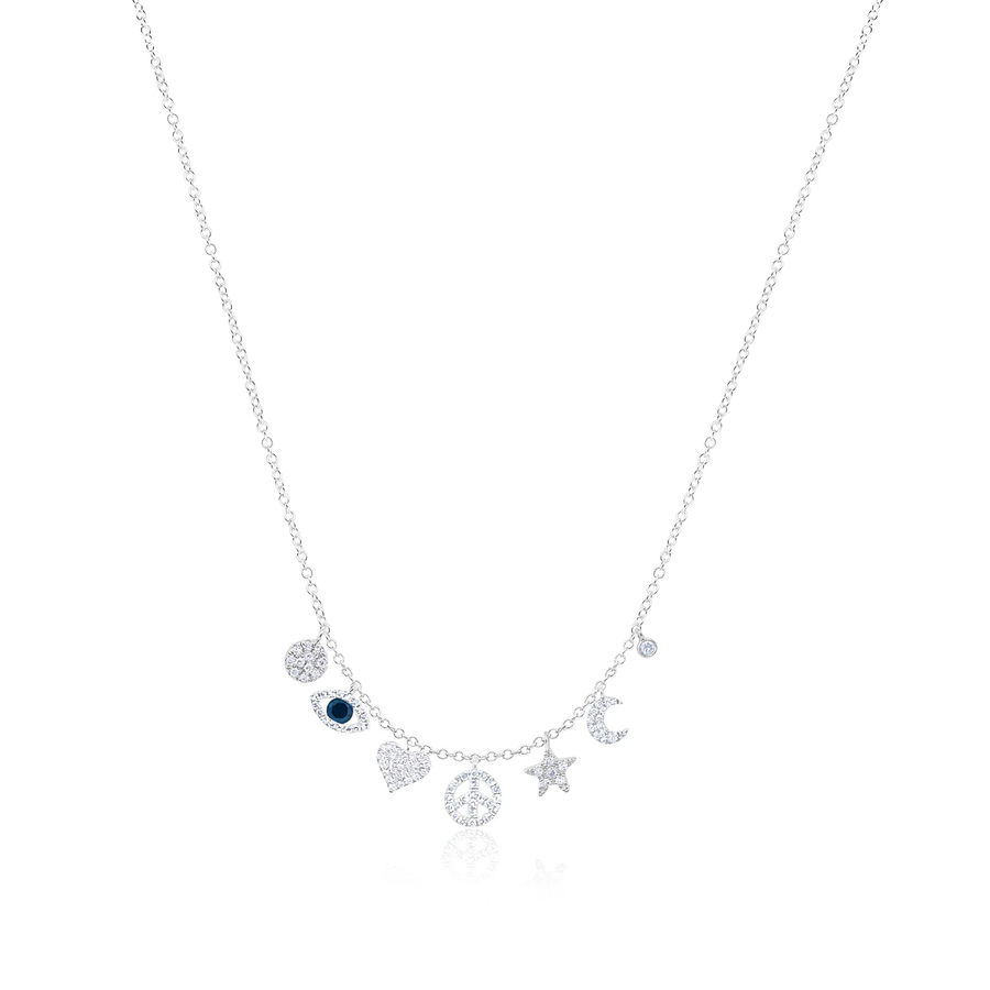 White Gold Diamond Charm Evil Eye Fringe Necklace