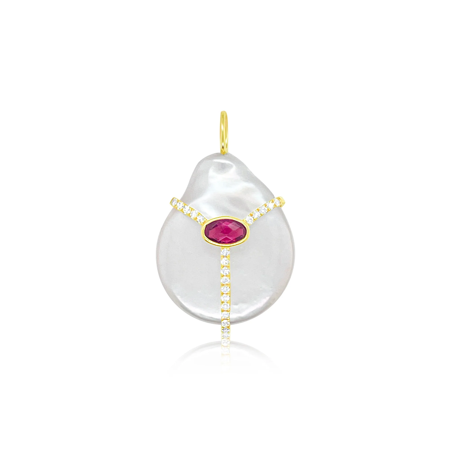 14kt Gold Pearl Diamond and Garnet Charm