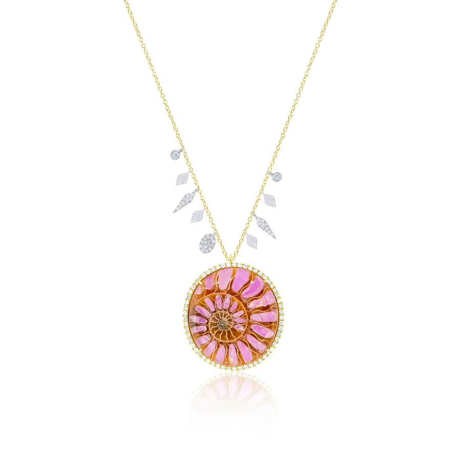 Silver Coated with Yellow Gold Diamond and Pink and Brown Ammonite Fossil