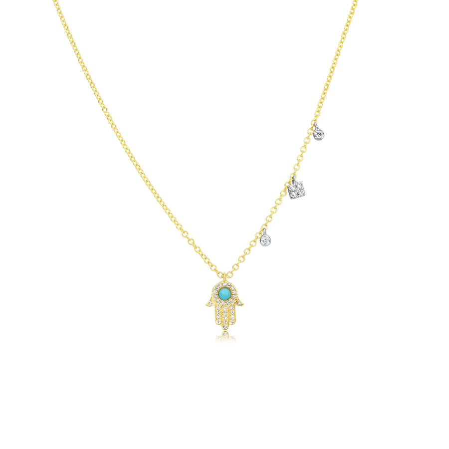 Turquoise Hamsa Necklace with Diamond Charms