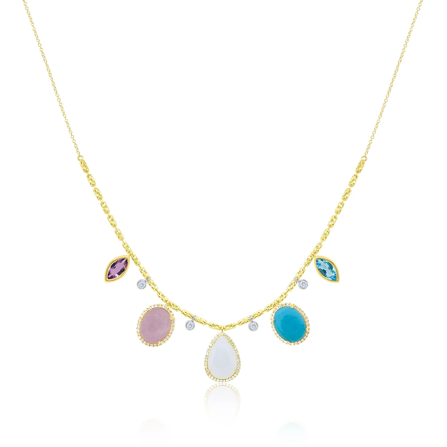 14kt Yellow Gold Kunzite Chalcedony Turquoise and Blue Topaz Gemstone Necklace