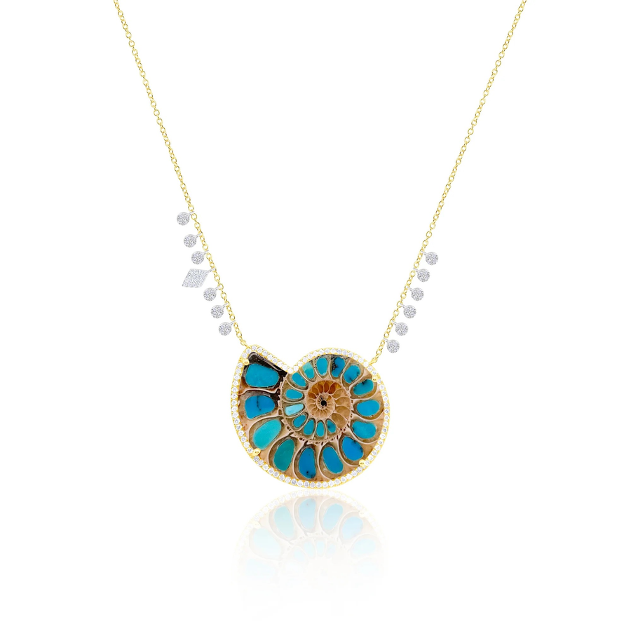 14kt Yellow Gold Blue Ammonite Fossil and Diamond Necklace