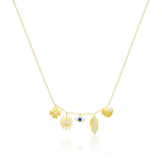 14 Kt Brushed Gold Blue Sapphire Evil Eye Diamond Charm Necklace