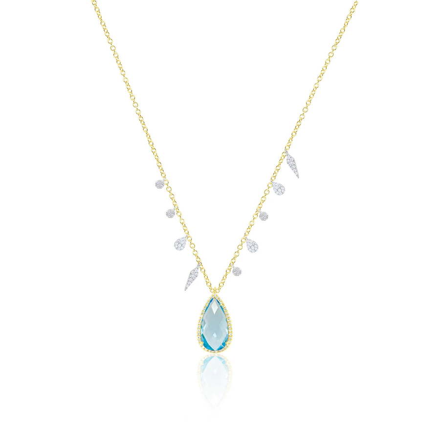14kt Yellow Gold Diamond and Blue Topaz Teardrop Pendant Necklace