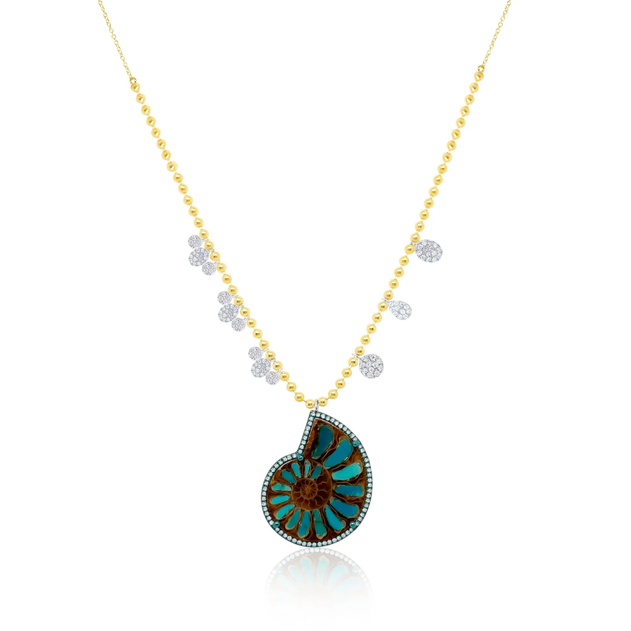 14k Yellow Gold Ammonite Stone Pendent Diamond Charms Beaded Chain Necklace