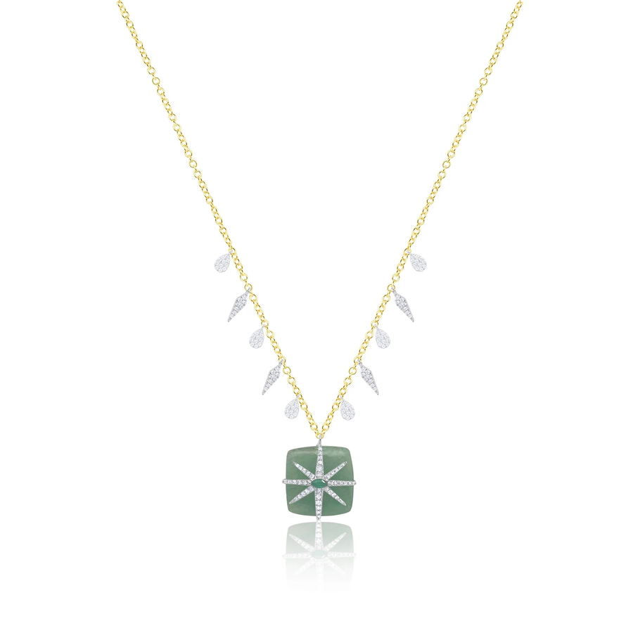 Yellow Gold Diamond Fringe with Jade and Emerald Pendant Necklace