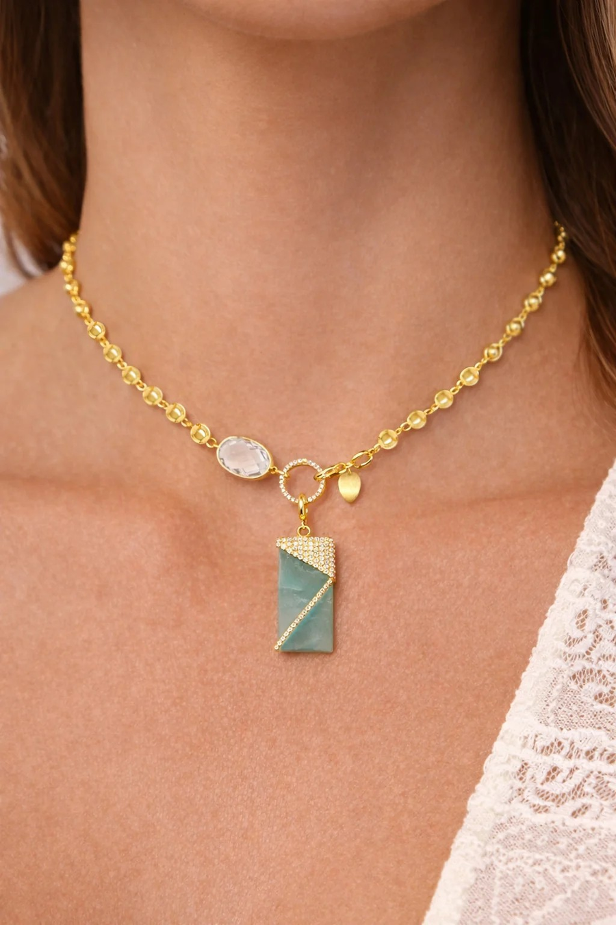 14kt Yellow Gold White Topaz and Aquamarine Ball Chain Charm Necklace worn