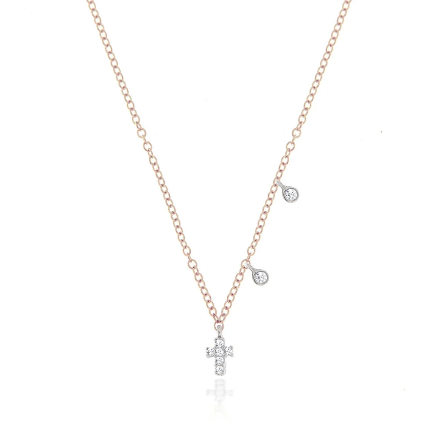 Rose Gold Dainty Cross and Bezel Diamond Necklace