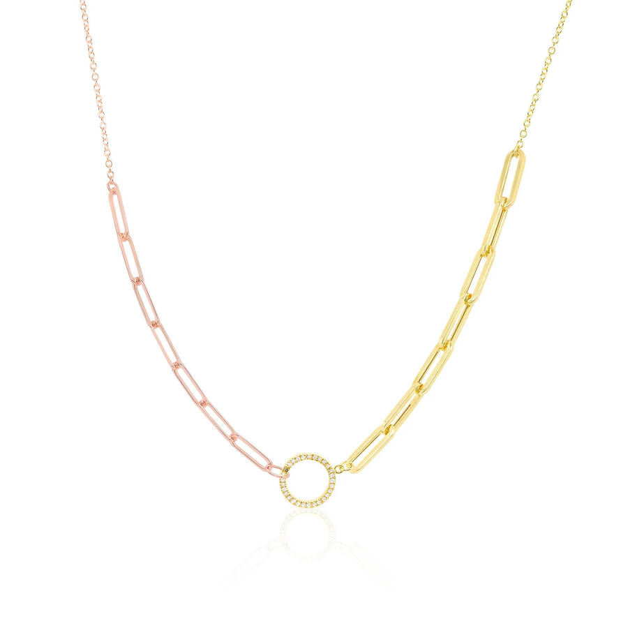 14kt Yellow and Rose Gold Paperclip Necklace with Daimond Cirlce Enhancer